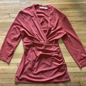 Peruvian Connection Pima Cotton 3/4 Sleeves Twist Ruched Top Small Rust Stretch